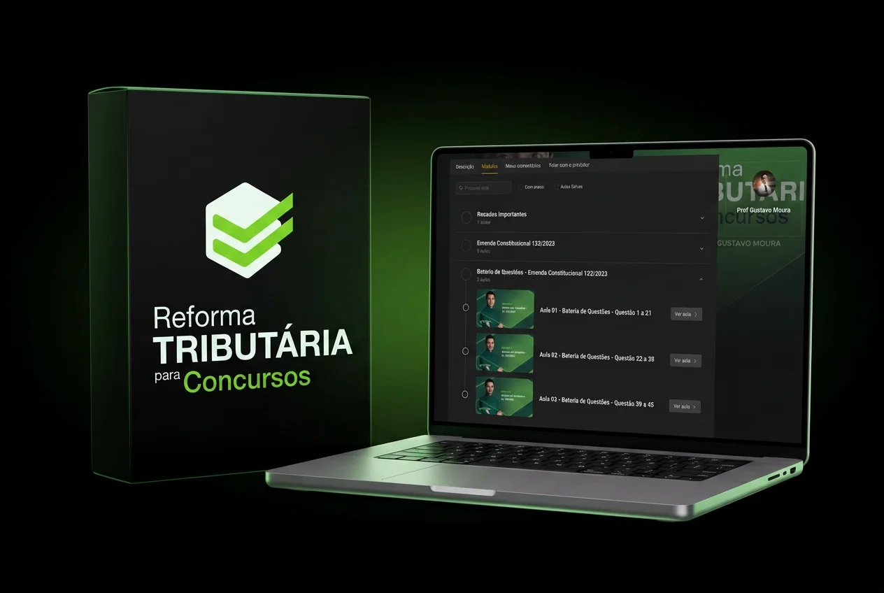 Box do curso Reforma Tributária para Concursos ao lado de um notebook exibindo a área de membros